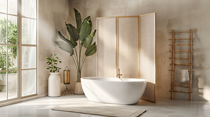 Interior of modern bathroom with folding screen and ho