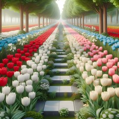 Obraz premium Lovely scene with the most beautiful flowers in long lines lined with marble bricks