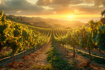 A picturesque vineyard bathed in golden sunlight, with rows of grapevines stretching across rolling...