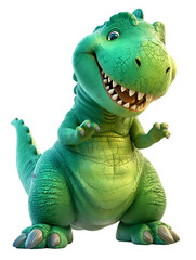 Fototapeta premium Dinosaur toy animal with smile, isolated 3d cartoon cute child style. Fictional terrestrial animal prehistoric times. Reptile smiling with its mouth open. Illustration cut on transparent background