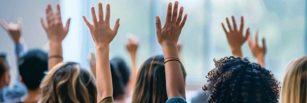 Backside perspective of attendees raising hands at a conference