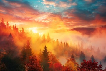A stunning sunrise over a misty forest with vibrant autumn colors