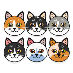 Six cartoon cat faces different expressions colors cute feline portraits. Simplified kitty emoticons representation humorous animal faces vector illustration. Domestic pet variety flat design style