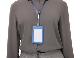 Woman with blank badge on white background, closeup