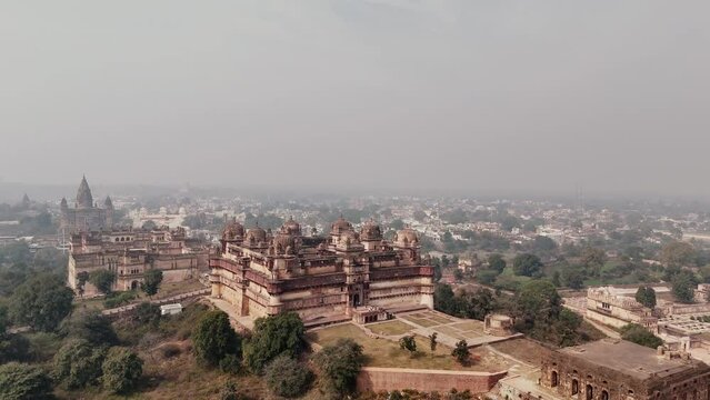 Drone shot  Jahangir Mahal Inside Orchha Fort Complex, Orchha, Madhya Pradesh, India 