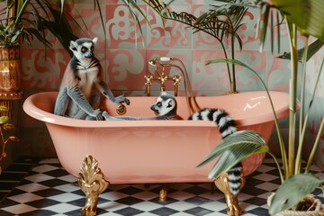 lemurs in a pastel peach luxury bathtub with brass legs, ornate Moroccan or mexican style tiles and tropical plants