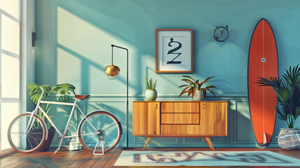 Interior of modern living room with bicycle surfboard