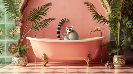 lemurs in a pastel peach luxury bathtub with brass legs, ornate Moroccan or mexican style tiles and tropical plants