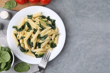 Tasty pasta with spinach and sauce served on grey textured table, flat lay. Space for text