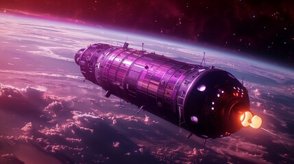 Sharp Image of a Deep Purple Space Station Module in Orbit, Detailed View on Modern Space Habitats
