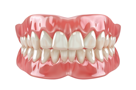 Denture model, artificial jaw with white teeth, isolated on transparent background. Replica of patient oral anatomy. Dental replacement. Prosthesis, chewing denture realistic closeup