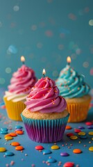 Three Colorful Cupcakes With Lit Candles