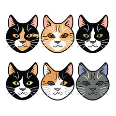 Six cartoon cat faces variety coat colors patterns. Domestic felines expressions, cute whiskers, feline head illustrations isolated white background. Cat face icons set, pet themed design elements