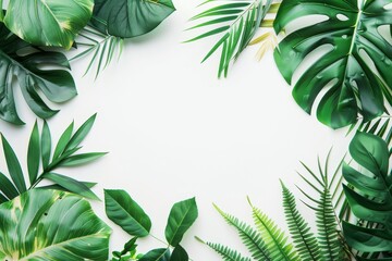Vibrant frame composed of various tropical leaves with a central white space, perfect for adding text or design elements. Ideal for eco-friendly and nature-themed projects