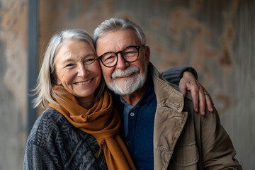 The smiling elderly couple looks together in the photo, exuding love and joy, emphasizing their long-term relationship and mutual support.