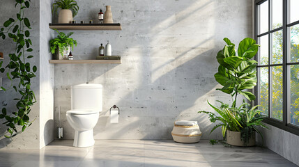 Interior of modern restroom with toilet bowl shelf uni