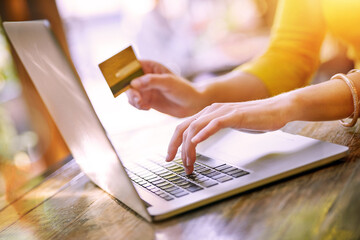Laptop, woman and credit card for online shopping, ecommerce and virtual store or shop on website....