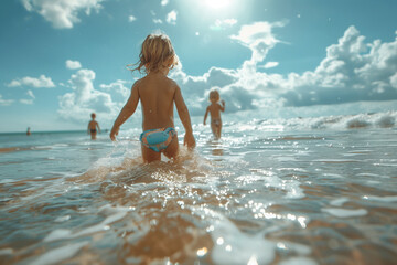 Little boy in blue swimsuit running happily towards the waves of the sea under a sunny sky, splashing water around on summer vacation.
