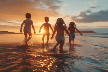 Silhouettes of children running along the beach at sunset, capturing their wild energy and the beautiful end of a day.