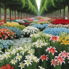 Lovely scene with the most beautiful flowers in long lines lined with marble bricks