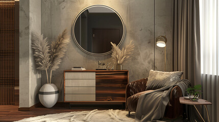 Interior of modern room with mirror chest of drawers a