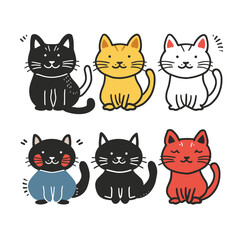 Six cute cartoon cats, various colors, smiling, sitting, happy felines. Doodle style kittens, playful, friendly, animal mascots, childrens book characters. Handdrawn pet illustrations cheerful