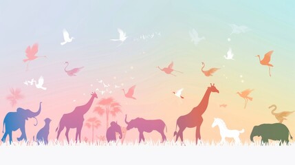 A colorful drawing of animals in a field, including giraffes, elephants