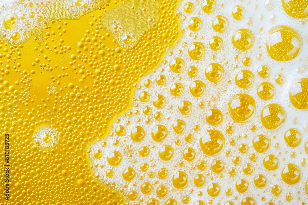 Poster close-up of vibrant yellow water droplets on a smooth surface, creating an abstract texture of circu