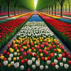 Fototapeta premium Lovely scene with the most beautiful flowers in long lines lined with marble bricks