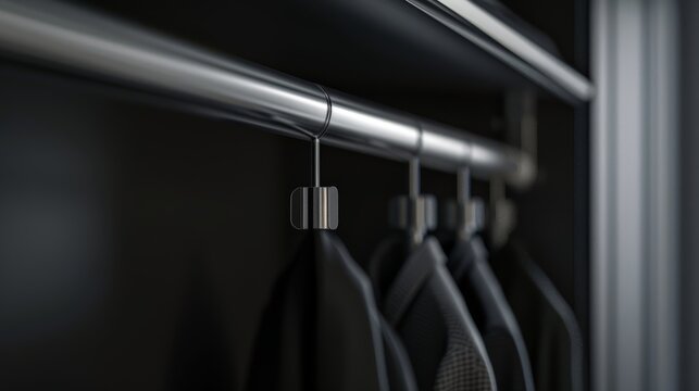 Close-up, cinematic portrayal of a simple hanging rod in an elegantly styled closet, in high resolution to capture the pristine environment