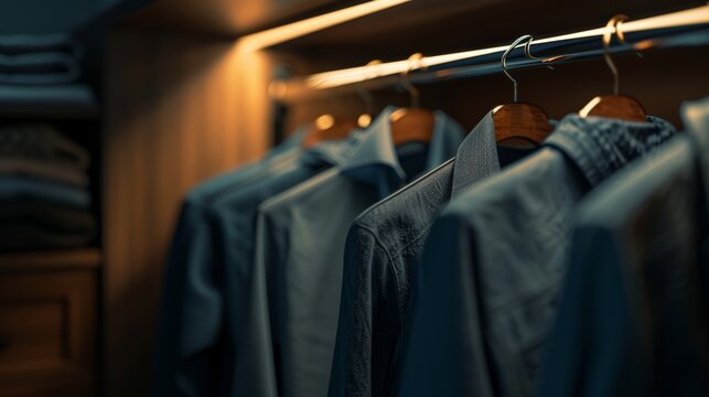 Close-up, cinematic portrayal of a simple hanging rod in an elegantly styled closet, in high resolution to capture the pristine environment