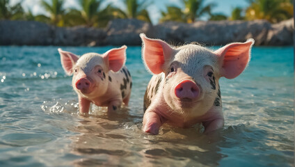 Cute pig on the bahamas sea sunny