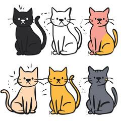 Six cute cartoon cats, various colors, sitting, happy expression, simple style, hand drawn. Cartoon felines, black, white, orange, beige, isolated cheerful whiskers tails vector illustration