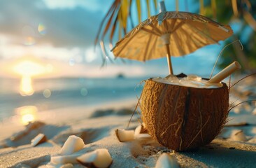 Coconut With Umbrella on Beach