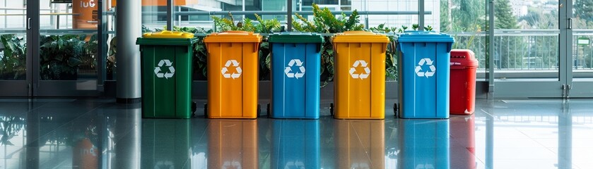 Colorful recycle bins in a row on a reflective floor.
