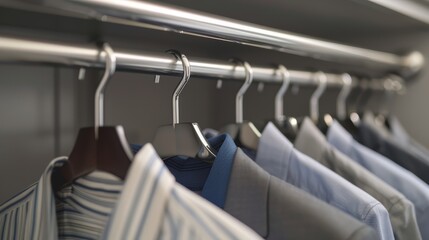 Cinematically captured close-up of a modern closet's sleek finishes, in high resolution, showcasing the sophistication and clean design