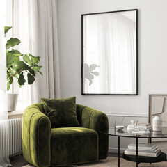 Frame mockup, ISO A paper size. Living room wall poster mockup. Interior mockup with house background. Modern interior design. 3D render
