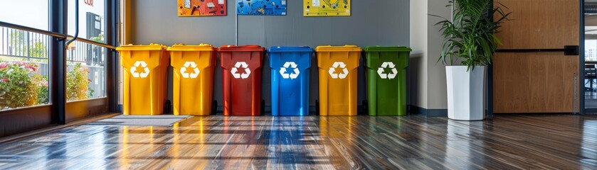 Colorful recycle bins in the office.