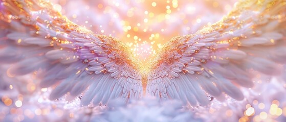 Abstract wings of angel in pink, gold, purple glowing and bursting with particules of energy. Beautiful spiritual fractal art in a bright shining design. Card, banner for love messages.