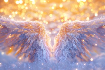 Abstract wings of angel in pink, gold, purple glowing and bursting with particules of energy. Beautiful spiritual fractal art in a bright shining design. Card, banner for love messages.