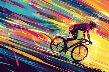 an abstract design featuring the silhouette of a cyclist on their bike, with dynamic lines and splashes of color creating movement and energy in a vibrant background Generative AI