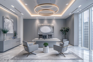 Modern office in NYC skyscraper, designed with minimalist principles, ergonomic furniture, neutral grey palette, and brushed steel textures