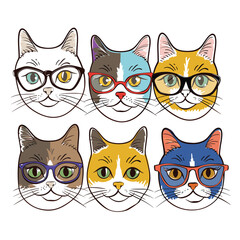 Colorful cats wearing glasses, cartoon style, various colors patterns, hipster feline, fun eyewear, cute animal heads. Six stylish cats spectacles, handdrawn illustration, vibrant characters