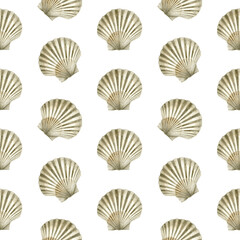 Seamless pattern of watercolor Seashells. Hand drawn illustration of sea Shell on white background. Ocean Cockleshell marine underwater. Colorful drawing of Scallop. For print decoration, fabric wrapp