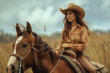 Fototapeta premium Woman in Cowboy Outfit Riding Horse