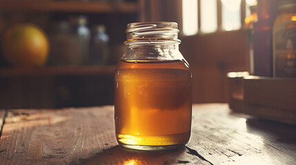 Jar of apple cider vinegar on table