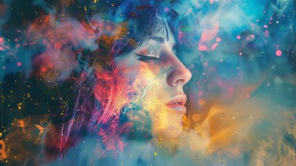 abstract fantasy portrait of young adult woman with colorful artistic effects