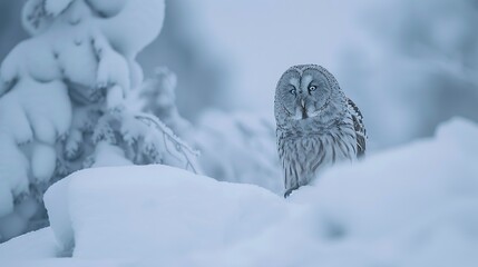 Owl Perched on Snowy Branch