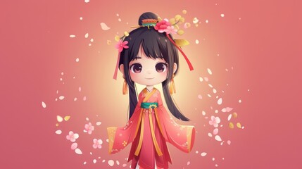 adorable animeinspired chinese girl character in chibi style on pastel pink background digital illustration
