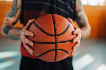 Close view of a basketball ball in a tattooed professional player man hands